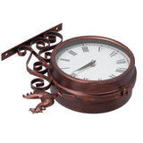 Iron Wrought Wall Clock Rooster Double Sided Antique Brass Wall Clock Round Roman Numeral Wall Clock for Home Garden