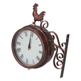 Iron Wrought Wall Clock Rooster Double Sided Antique Brass Wall Clock Round Roman Numeral Wall Clock for Home Garden - Low Angle