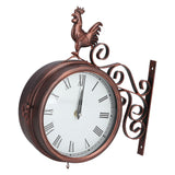 Iron Wrought Wall Clock Rooster Double Sided Antique Brass Wall Clock Round Roman Numeral Wall Clock for Home Garden