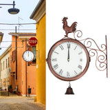 Iron Wrought Wall Clock Rooster Double Sided Antique Brass Wall Clock Round Roman Numeral Wall Clock for Home Garden