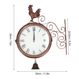 Iron Wrought Wall Clock Rooster Double Sided Antique Brass Wall Clock Round Roman Numeral Wall Clock for Home Garden