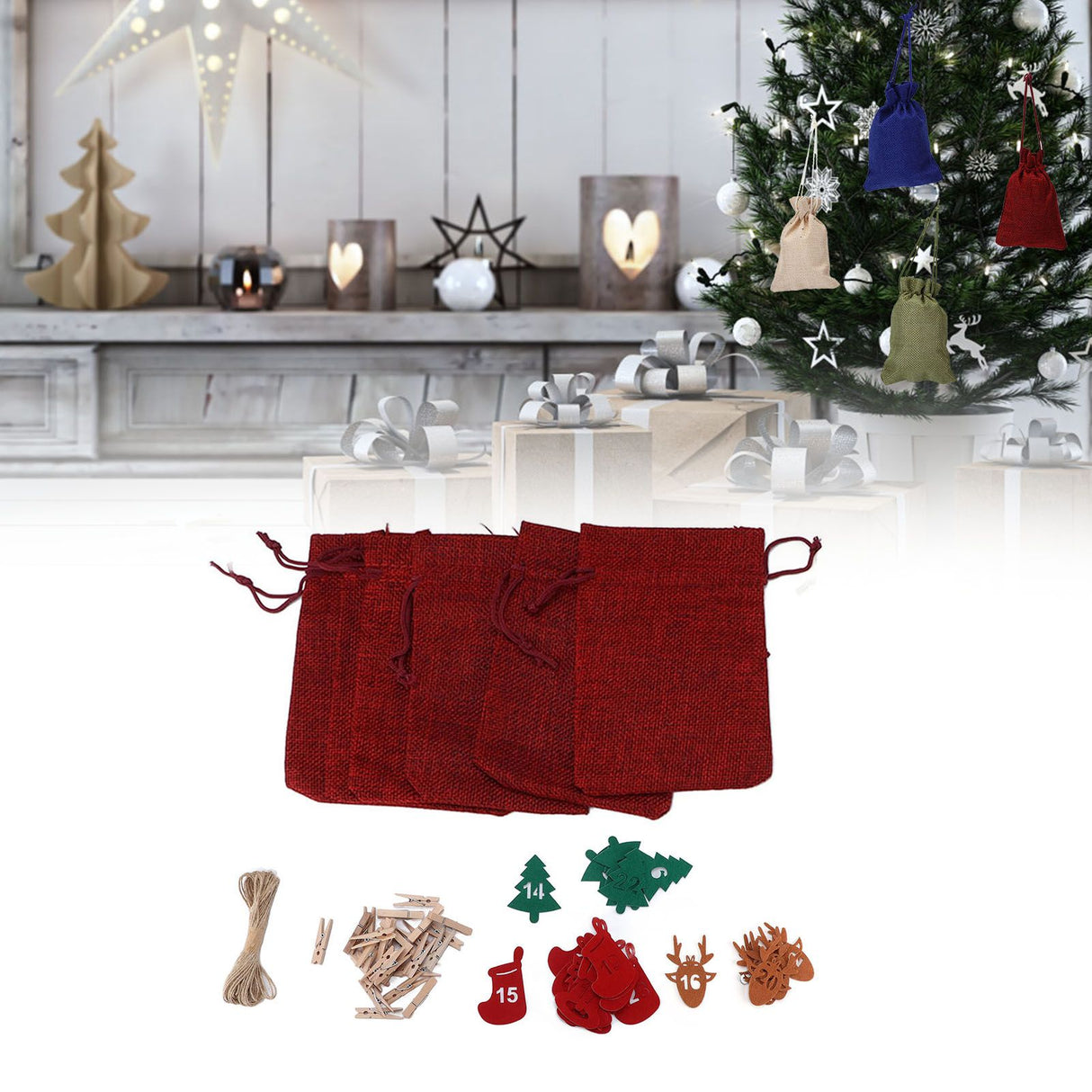 24Pcs Christmas Advent Calendar Drawstring Bags Reusable Hanging Countdown Pouch for Candy Jewelry GiftWine Red