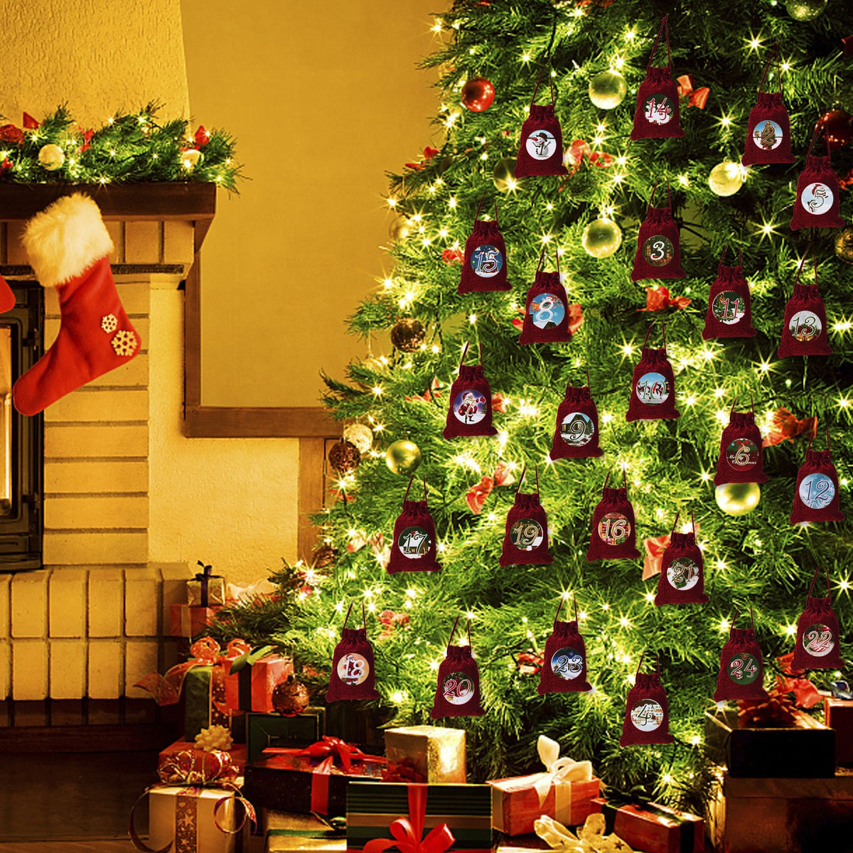 24PCS Drawstring Christmas Bag Lucky Number Gift Bag Christmas Sack Christmas Advent Calendar PouchWine Red