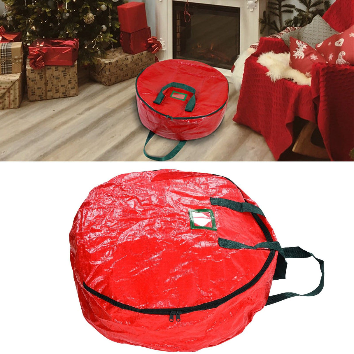 Christmas Wreath Storage Bag PE Woven Fabric Dustproof Round Red Storage Bag for Home Party Office
