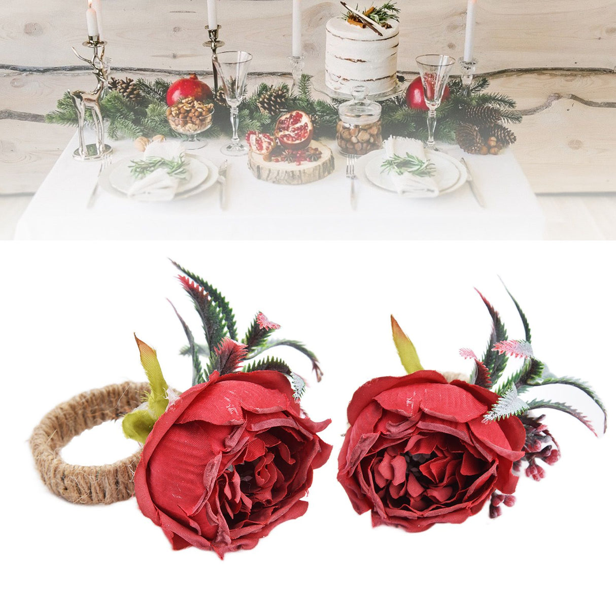 2Pcs Innovative Napkin Buckle Simulation Flower Napkin Ring Holder for Hotel RestaurantWine Red