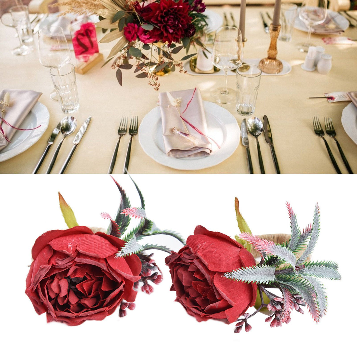 2Pcs Innovative Napkin Buckle Simulation Flower Napkin Ring Holder for Hotel RestaurantWine Red
