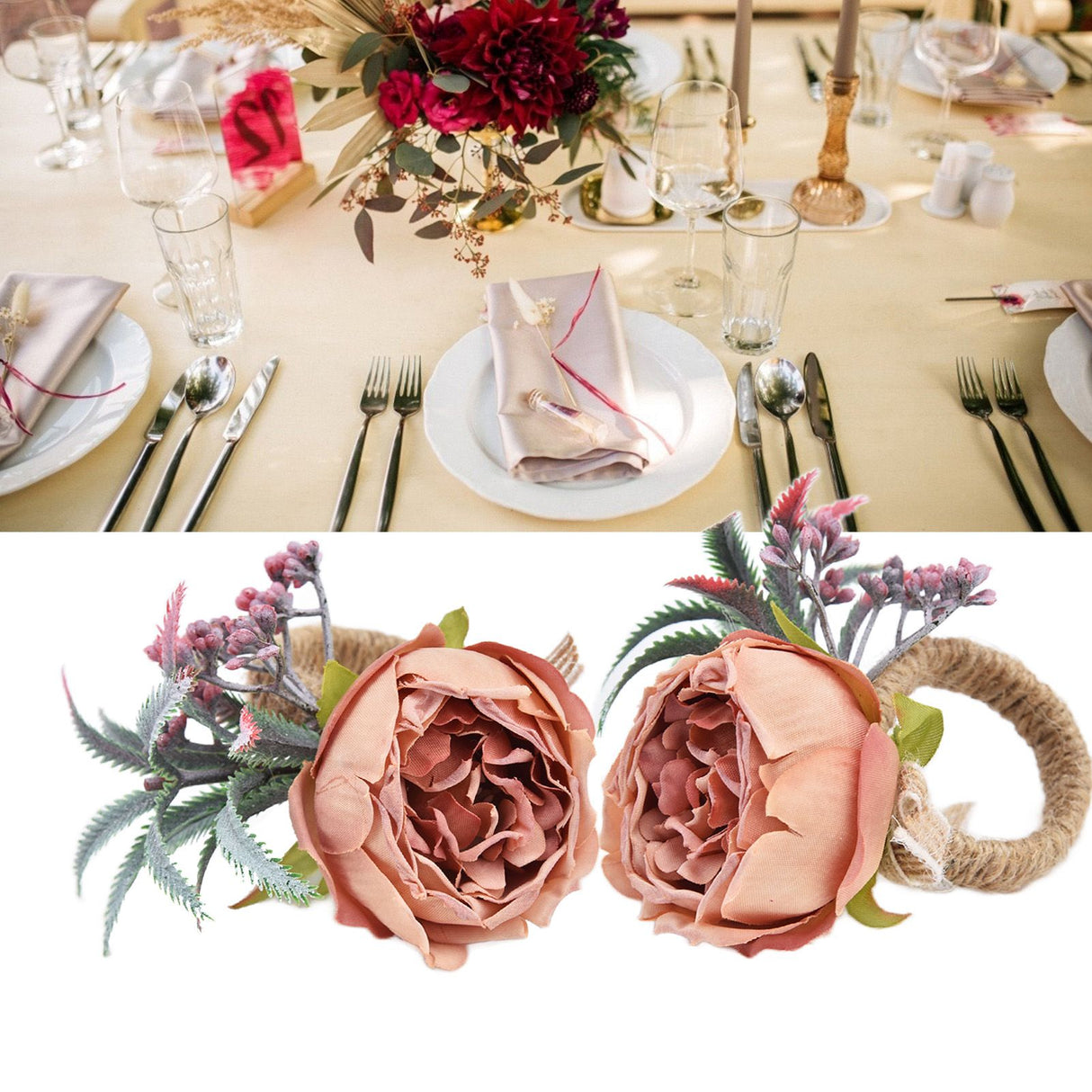 2Pcs Innovative Napkin Buckle Simulation Flower Napkin Ring Holder for Hotel RestaurantPink