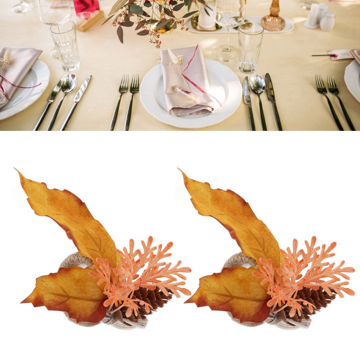 2Pcs Innovative Napkin Ring Decorative Simulation Flower Napkin Holder for Wedding BirthdayMaple Pine Cone