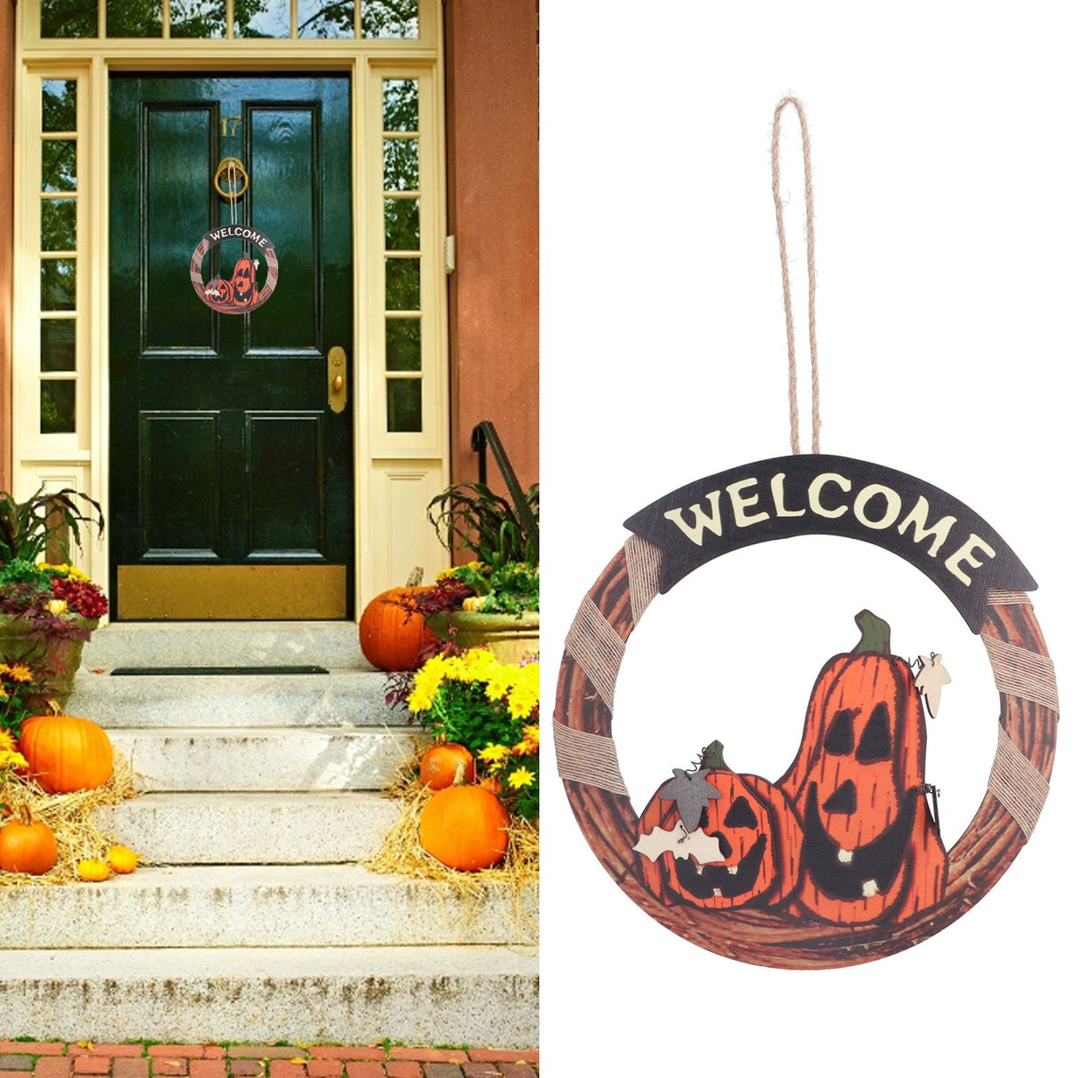 Halloween Welcome Sign Wooden Pumpkin Pattern Door Hanging Sign Decoration for Halloween Party Festival