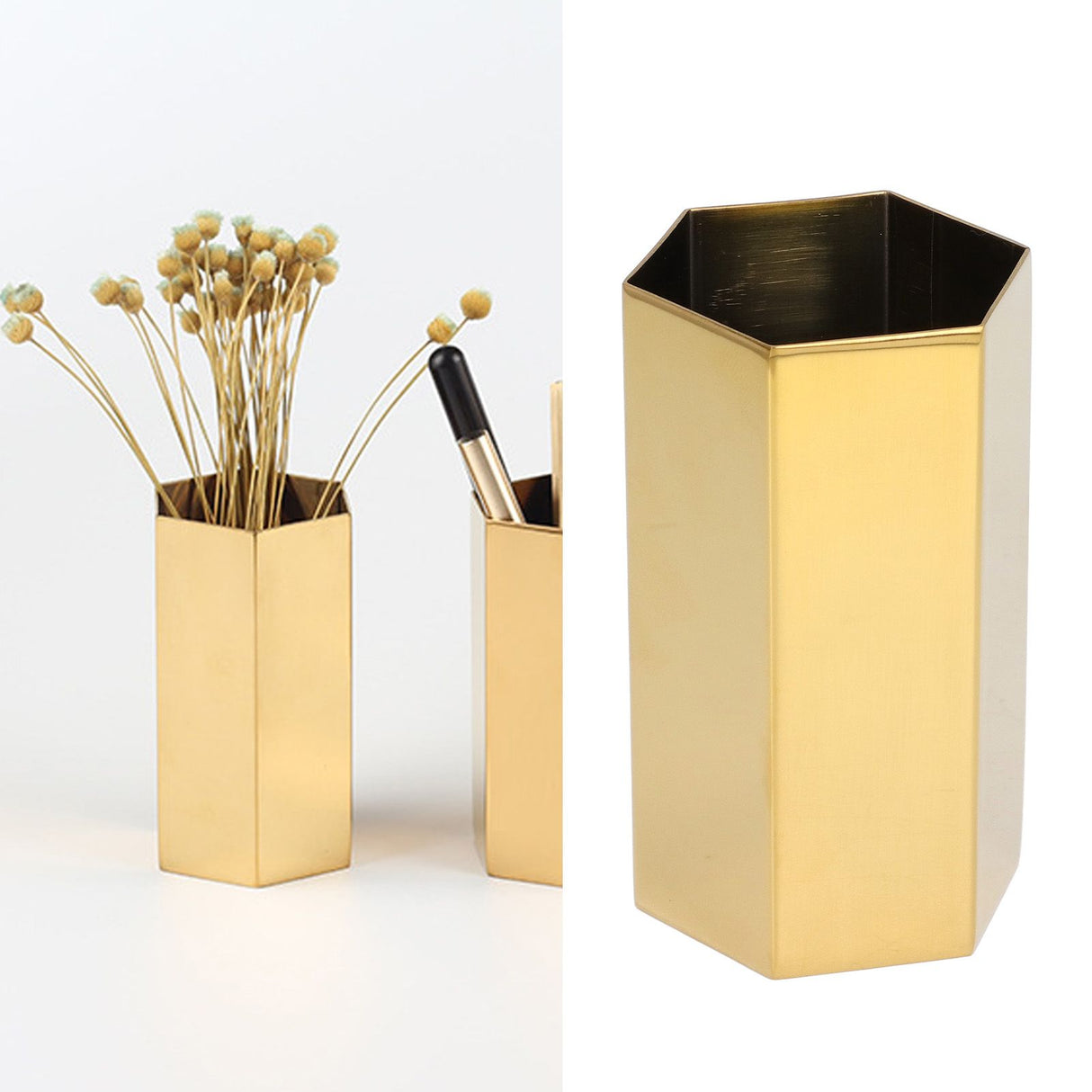 Pen Holder Hex Stainless Steel Gold Electroplating Durable Glossy Corrosion Resistant Wide Application Pencil Holder