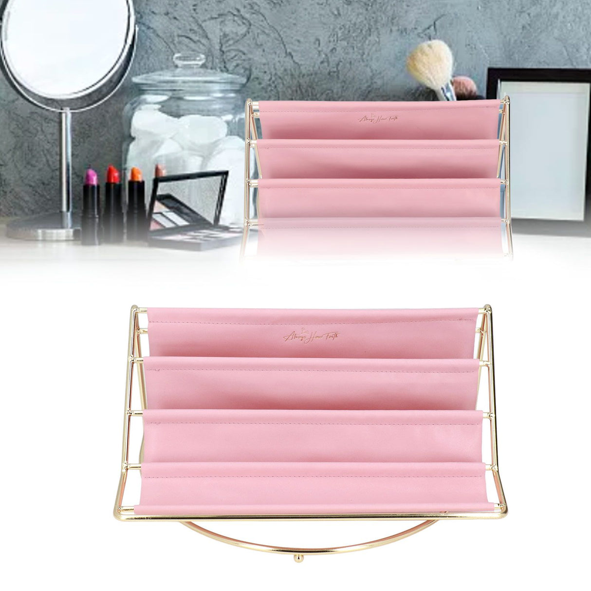 Desk Shelf Organizer Multi Layer Exquisite Premium Metal Leather Durable Stable Wide Application Desktop OrganizerPink
