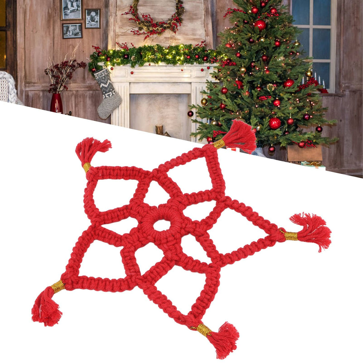 Hand Cotton Woven Hollow Star Ornament Red Five Pointed Star Ornaments Holiday Decoration