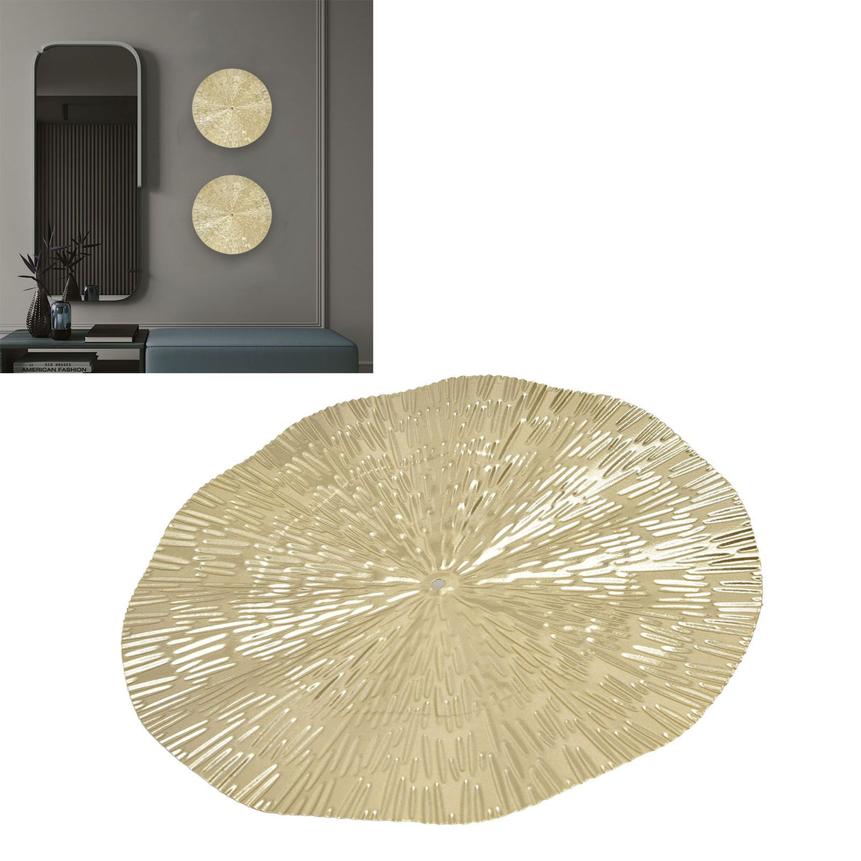 Round Wall Art Decor Elegant Style Iron Material 24.5cm/9.6in Delicate Texture Appearance Golden Irregular Circle