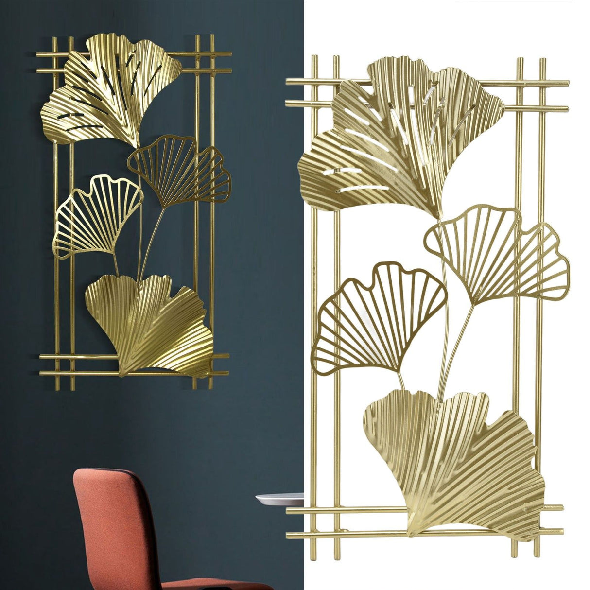 Gold Metal Wall Decor Golden Leaf Wall Hanging Decor Art Sculpture with Frame for Living Room Office Home Hotel