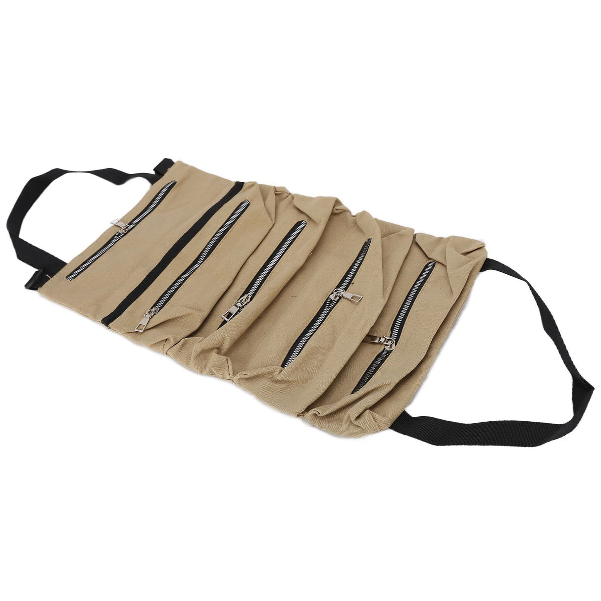 Tool Storage Bag Canvas Foldable Zipper Design Lightweight and Durable High Capacity Tool Roll Up Bag with StrapsKhaki