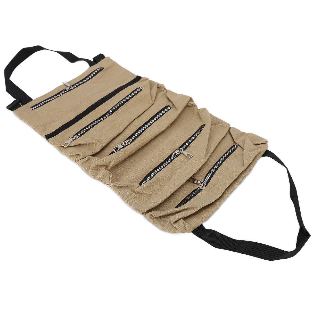 Tool Storage Bag Canvas Foldable Zipper Design Lightweight and Durable High Capacity Tool Roll Up Bag with StrapsKhaki