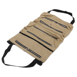 Tool Storage Bag Canvas Foldable Zipper Design Lightweight and Durable High Capacity Tool Roll Up Bag with StrapsKhaki - Close-Up Angle