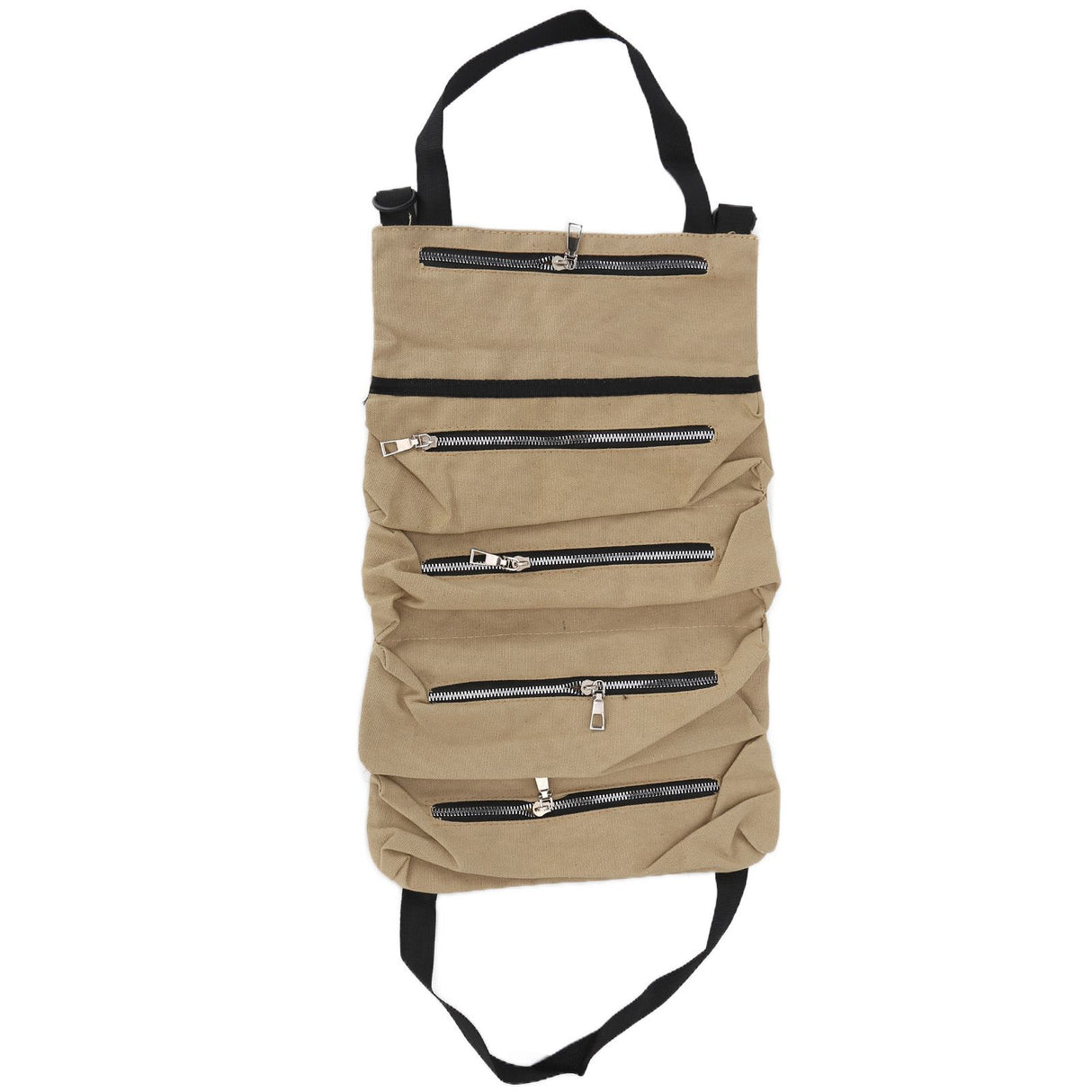 Tool Storage Bag Canvas Foldable Zipper Design Lightweight and Durable High Capacity Tool Roll Up Bag with StrapsKhaki
