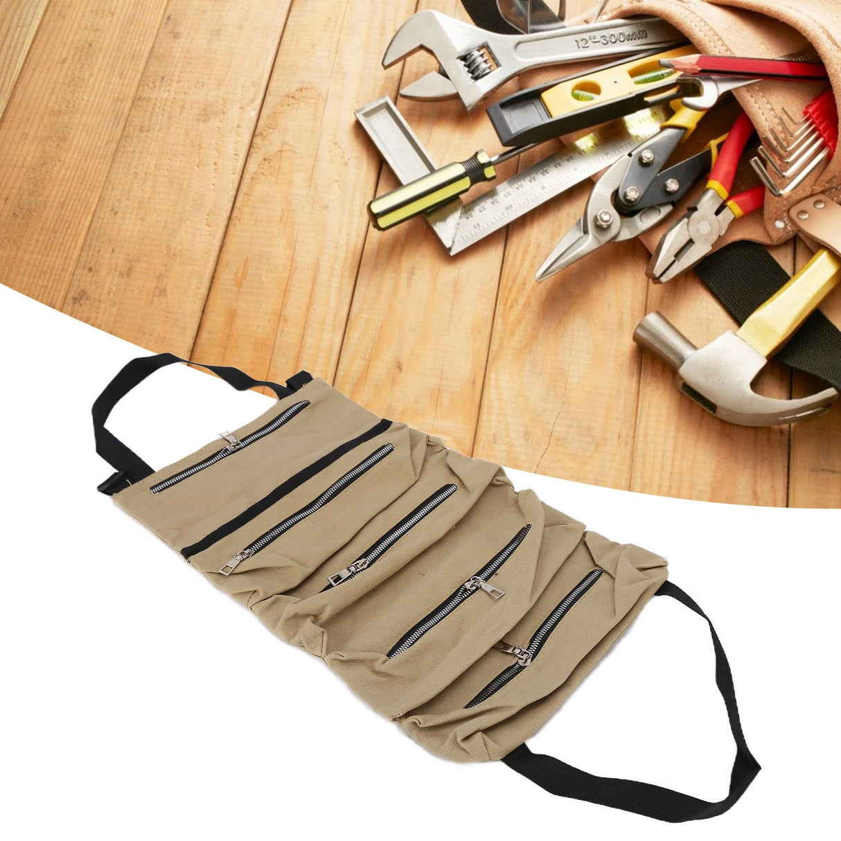 Tool Storage Bag Canvas Foldable Zipper Design Lightweight and Durable High Capacity Tool Roll Up Bag with StrapsKhaki