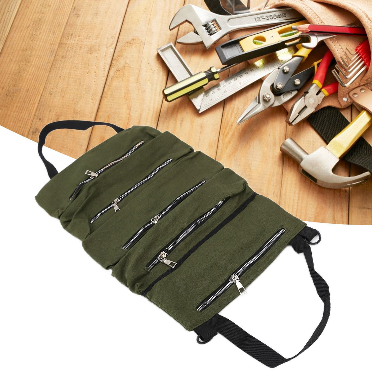 Tool Storage Bag Canvas Foldable Zipper Design Lightweight and Durable High Capacity Tool Roll Up Bag with StrapsGreen