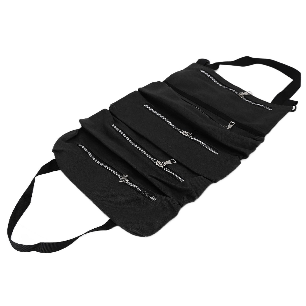 Tool Storage Bag Canvas Foldable Zipper Design Lightweight and Durable High Capacity Tool Roll Up Bag with StrapsBlack