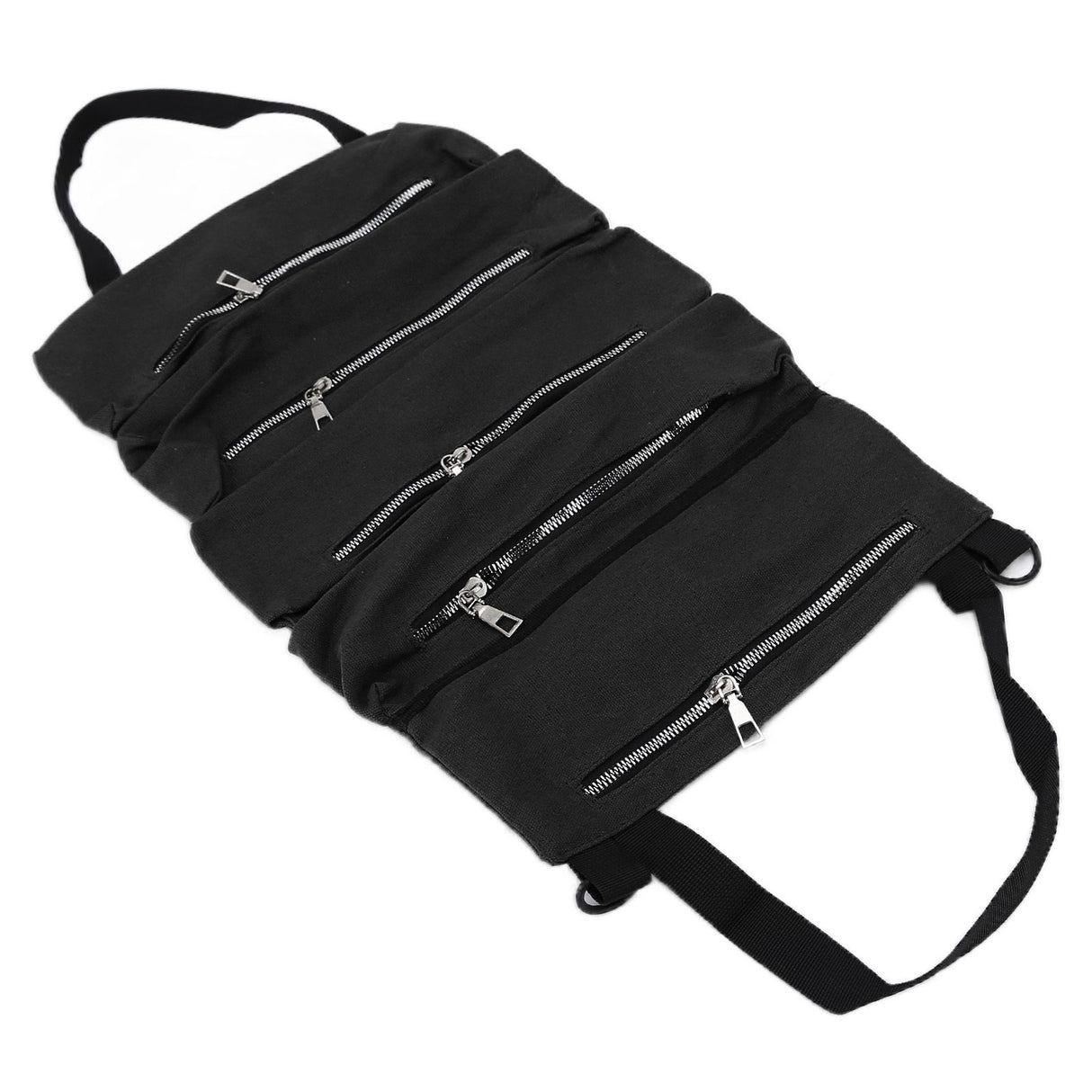 Tool Storage Bag Canvas Foldable Zipper Design Lightweight and Durable High Capacity Tool Roll Up Bag with StrapsBlack