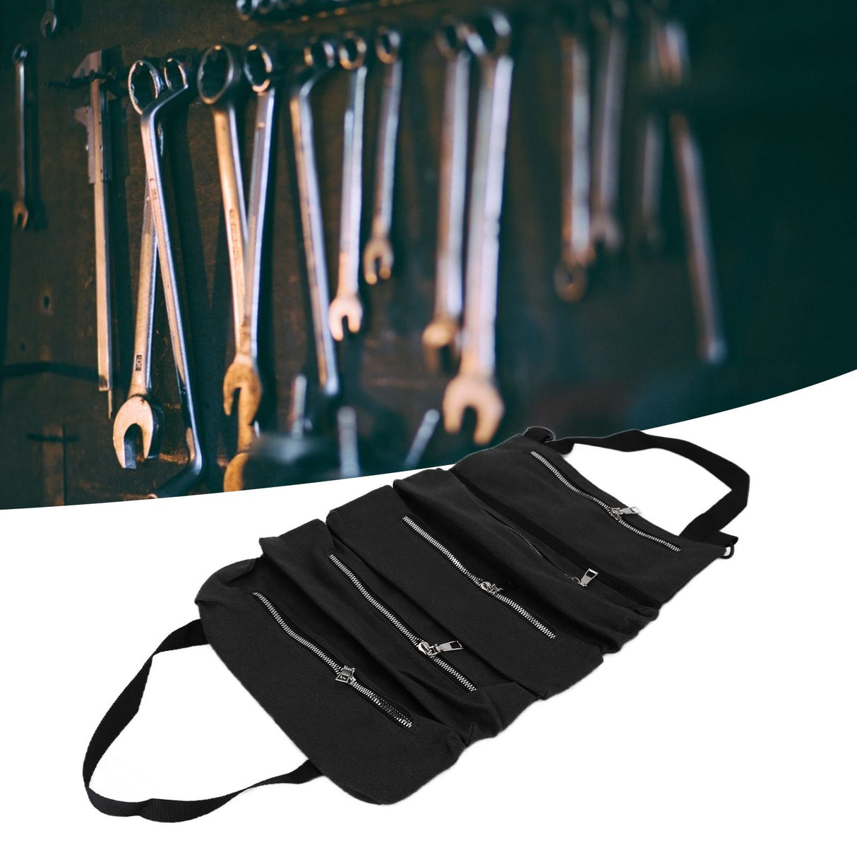 Tool Storage Bag Canvas Foldable Zipper Design Lightweight and Durable High Capacity Tool Roll Up Bag with StrapsBlack