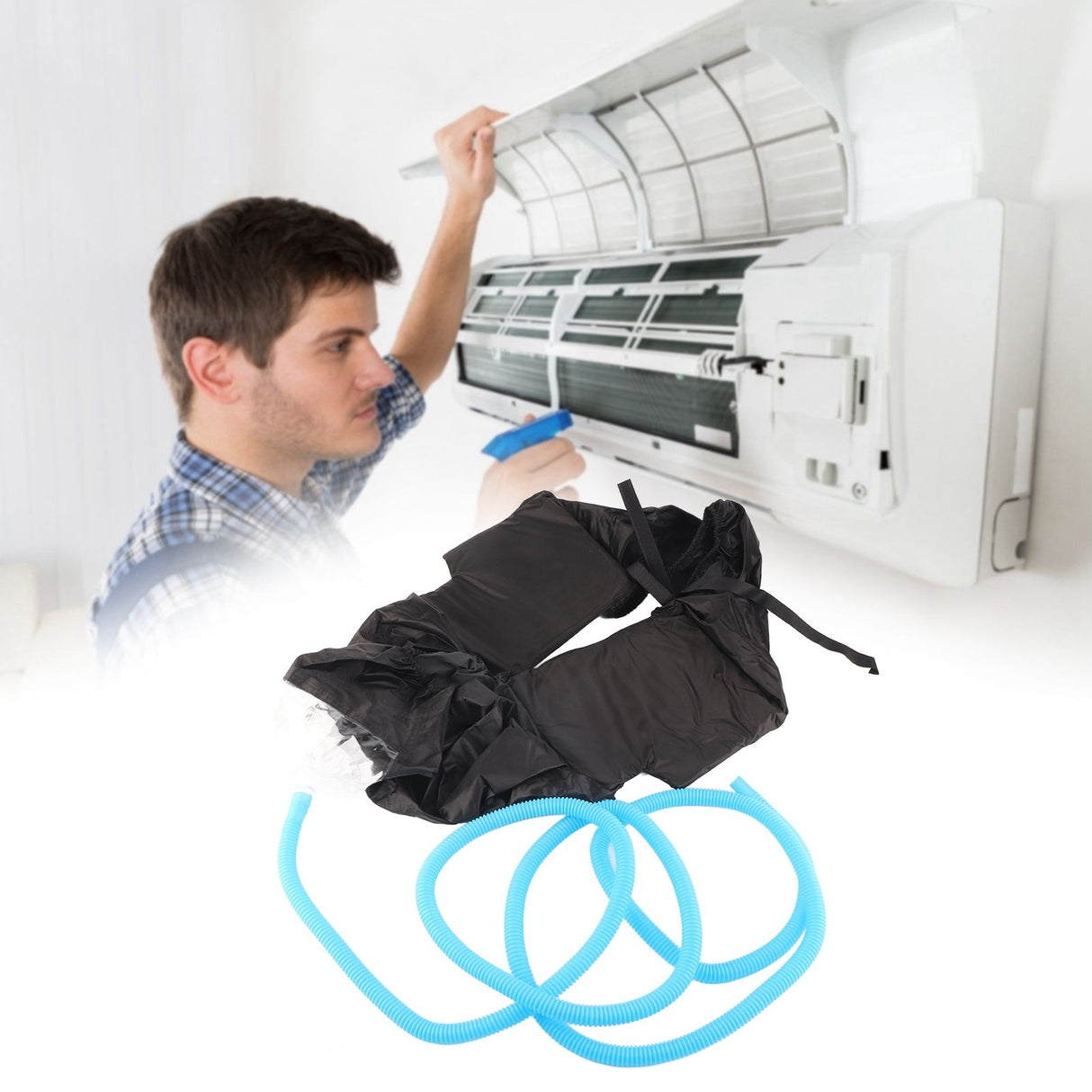 Wall Mounted Air Conditioning Cleaning Cover Bag with Drain Pipe for 1‑1.5P Air Conditioner Black