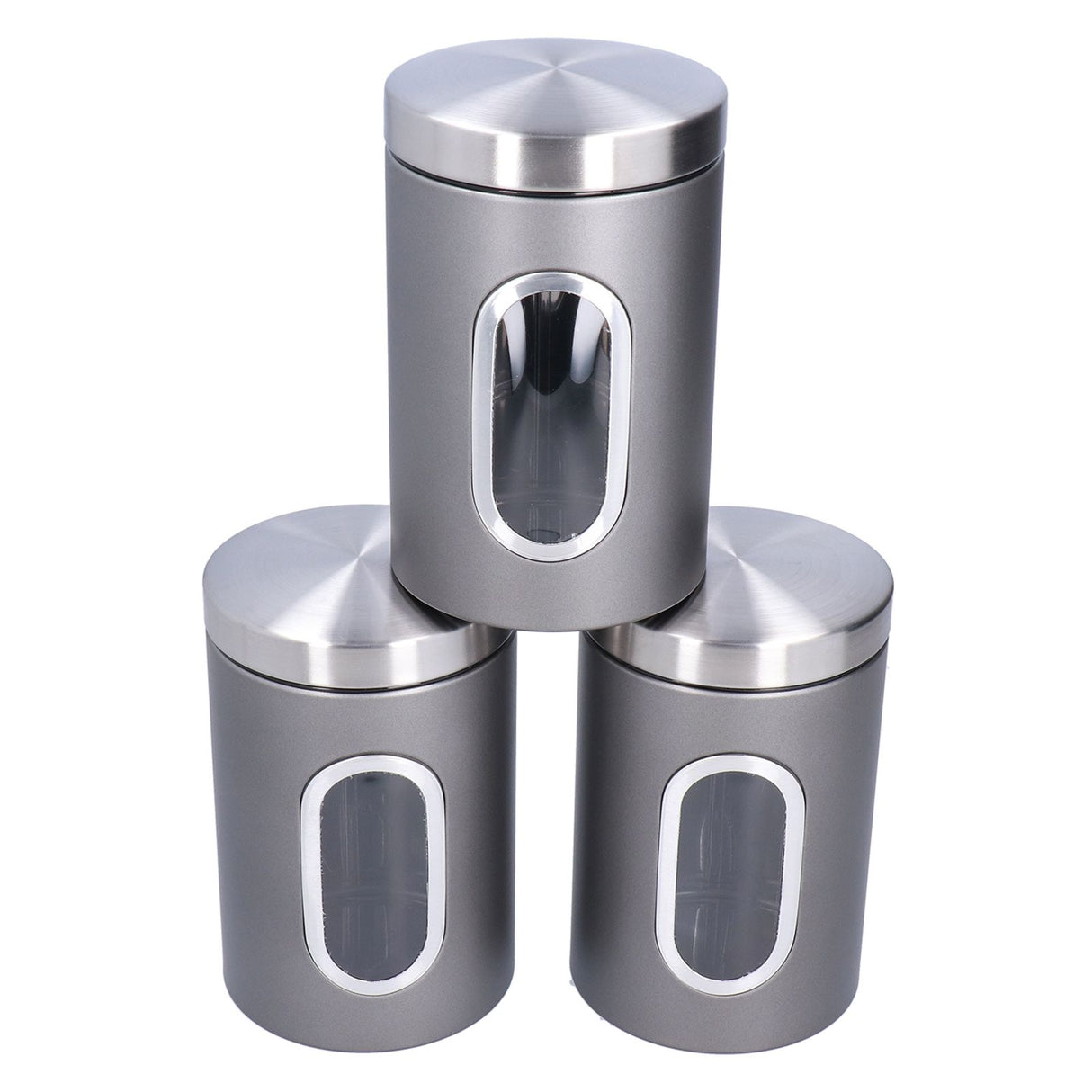 3Pcs Storage Jar Stainless Steel Food Tea Nut Container with Window Durable and Large Capacity for KitchenGrey