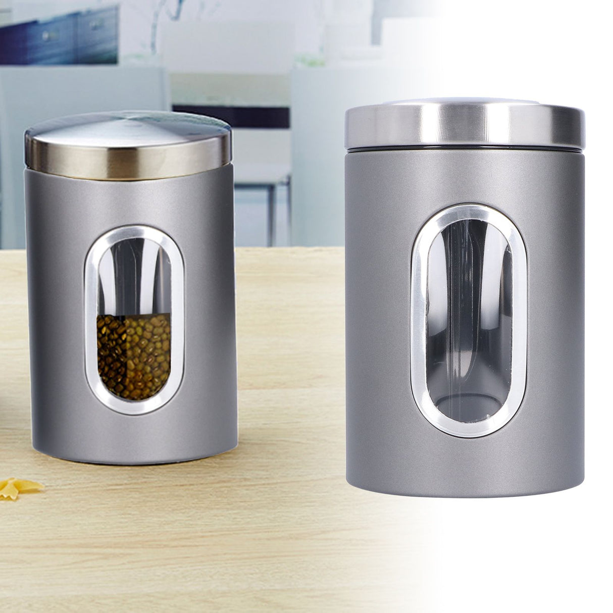 3Pcs Storage Jar Stainless Steel Food Tea Nut Container with Window Durable and Large Capacity for KitchenGrey