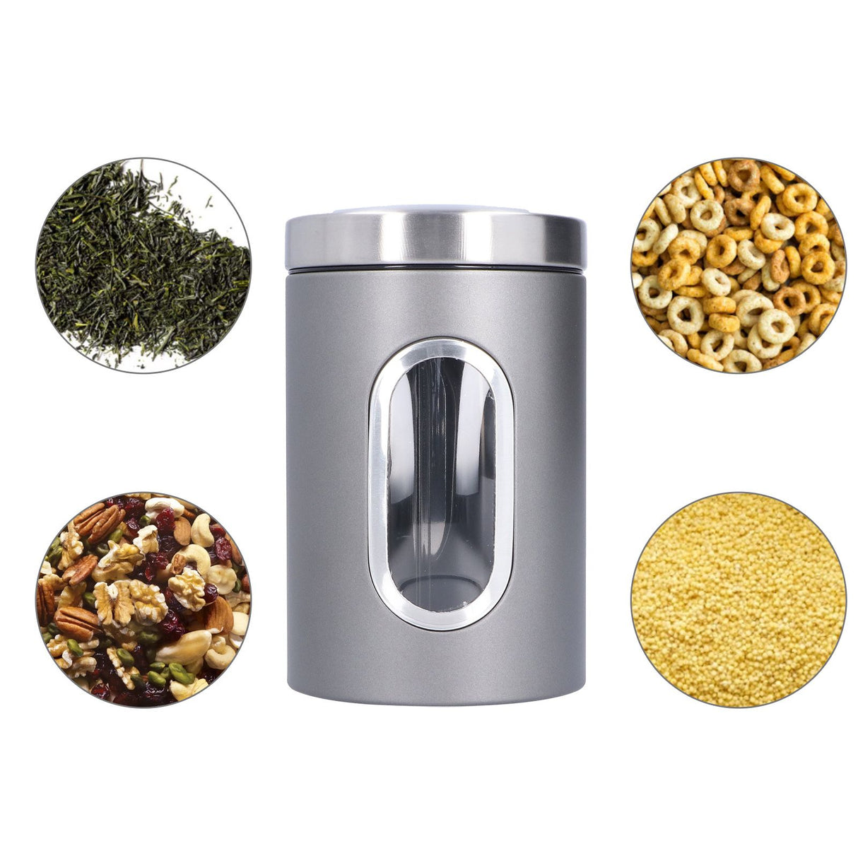 3Pcs Storage Jar Stainless Steel Food Tea Nut Container with Window Durable and Large Capacity for KitchenGrey