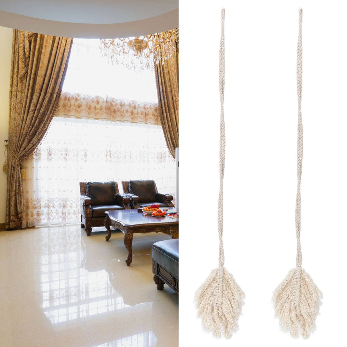 2Pcs Cotton Rope Curtain Tiebacks Leaf Shaped Tassel Curtain Clips Rope Straps for Curtain