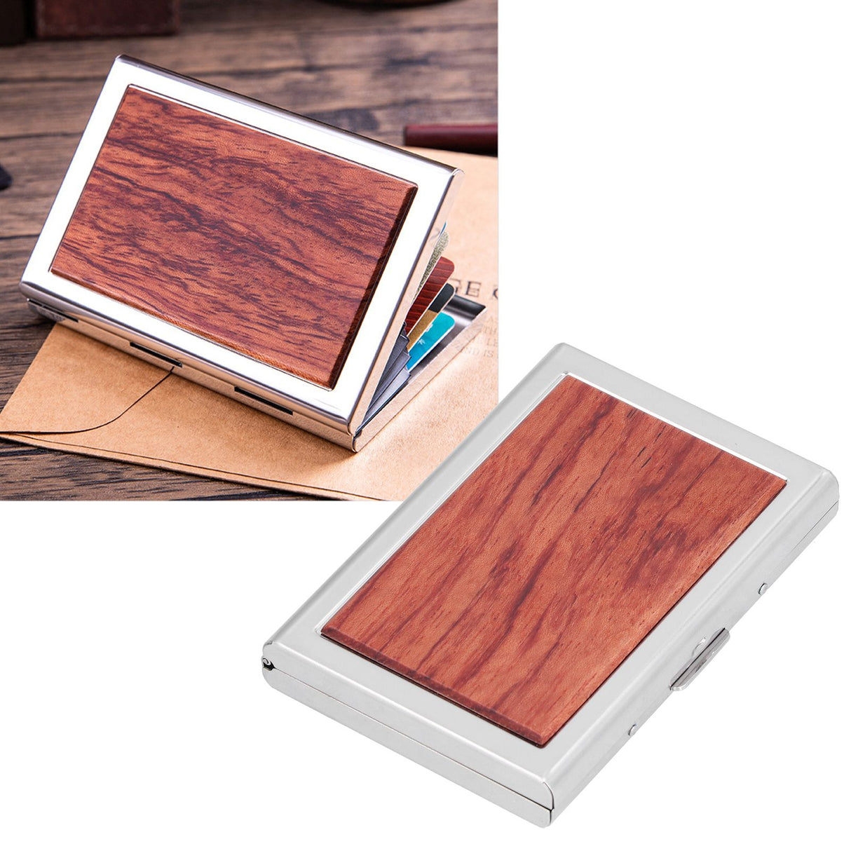 Wood Card Case Safe Bank Credit Card Box Portable Business ID Card Case Holder for Men WomenRosewood