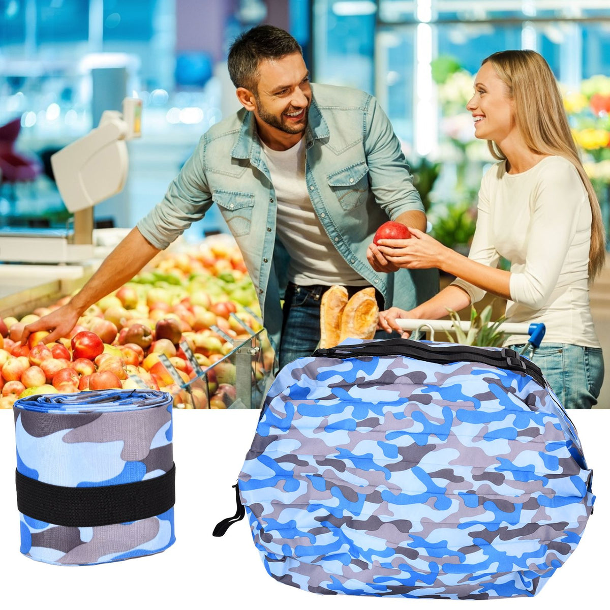 High Capacity Storage Bag Travel Single Shoulder Waterproof Shopping Bag Portable Folding Storage BagBlue Camouflage