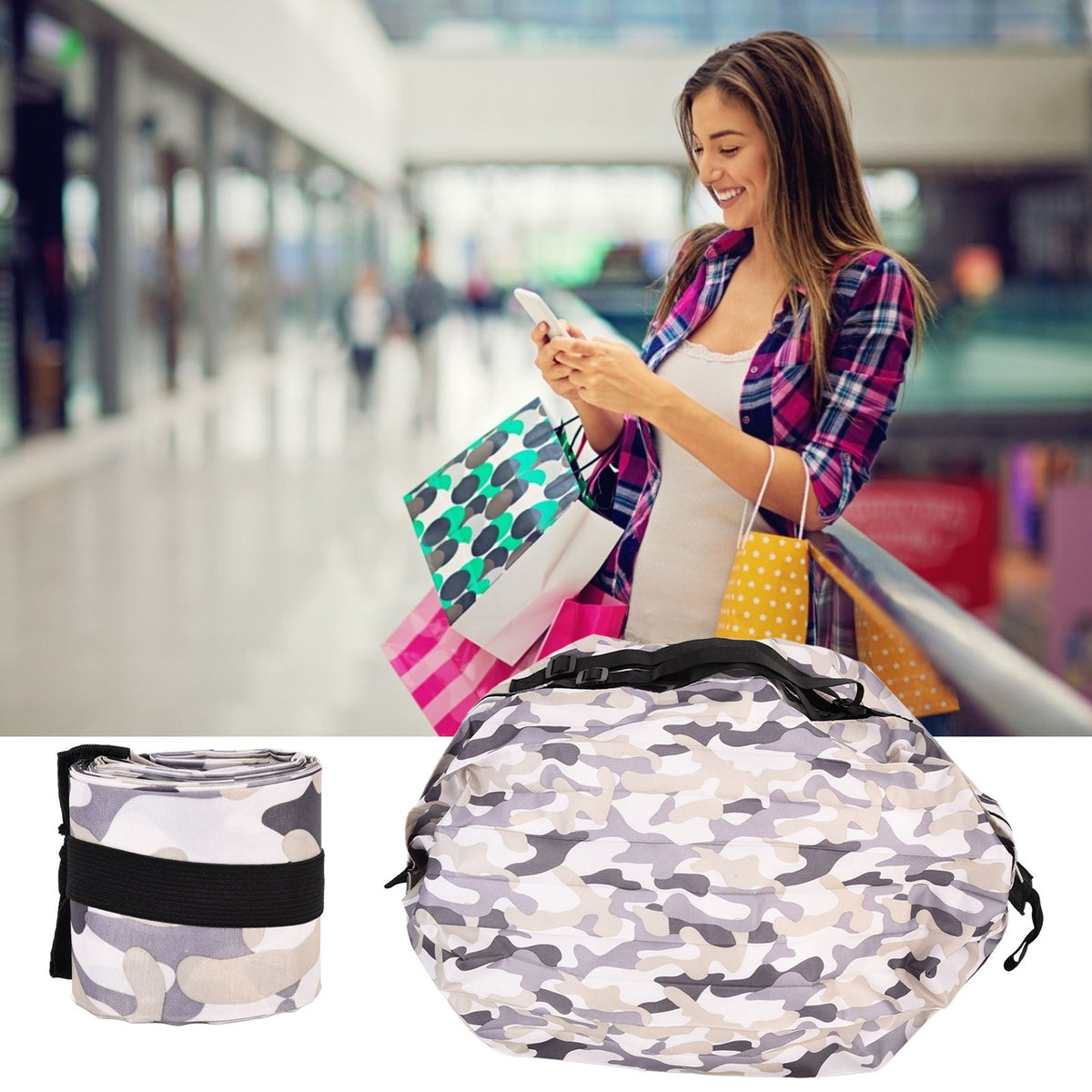 High Capacity Storage Bag Travel Single Shoulder Waterproof Shopping Bag Portable Folding Storage BagGray Camouflage