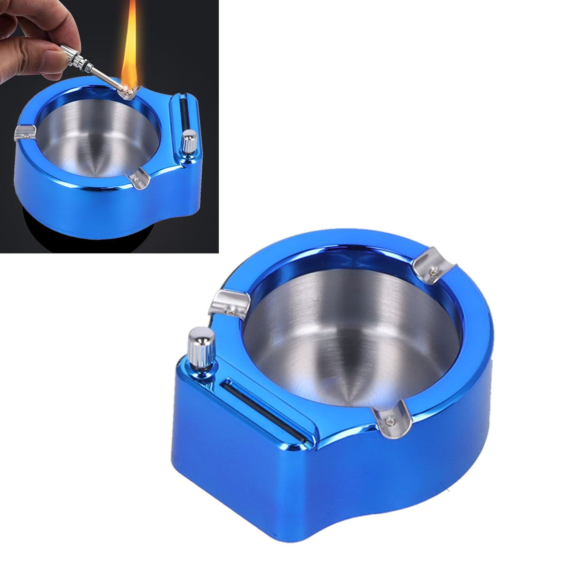 Cigarette Ashtray Stainless Steel Match Lighter Cigarette Ashtray for Home Office DecorationBlue