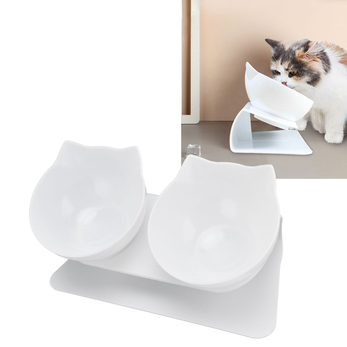 15° Inclined Cat Double Bowl Neck Guard Pet Feeding Bowl for Home Pet Shop Living Room(White Base White Bowl )