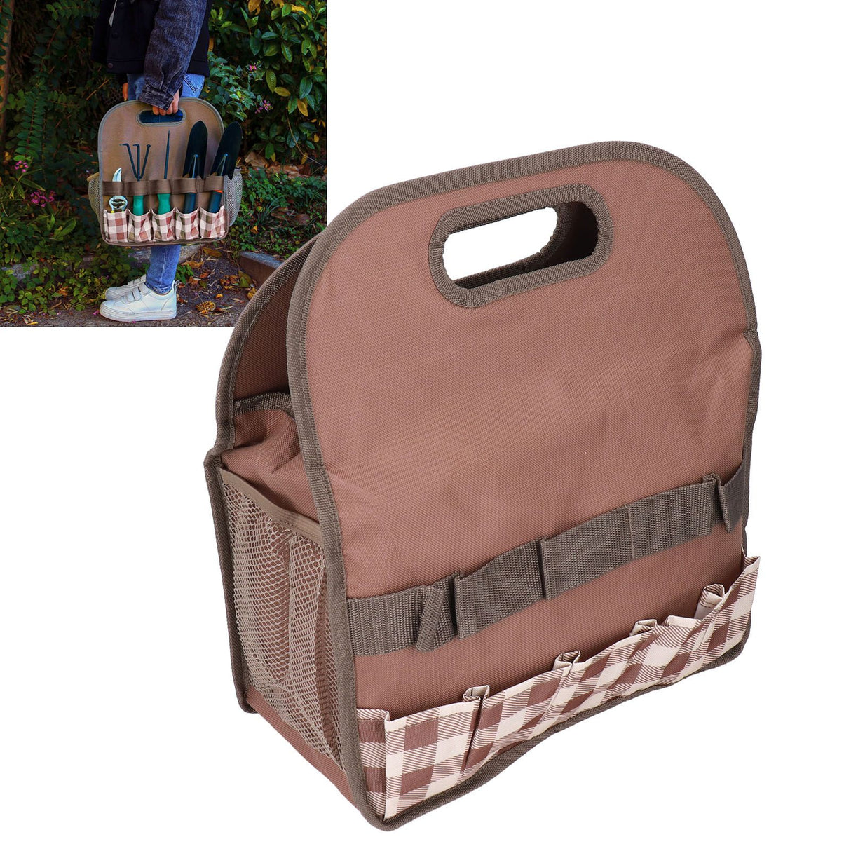 Garden Tool Bag Garden Tote Storage Bag with Multi Pockets Home Organizer for Indoor and Outdoor GardeningCoffee Lattice Stitching