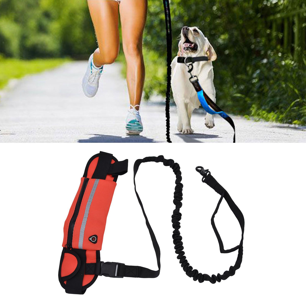 Hands Free Dog Leash Detachable Zipper Bag Reflective Strip Design Hands Free Flexible Waist Dog Leash for WalkingRed