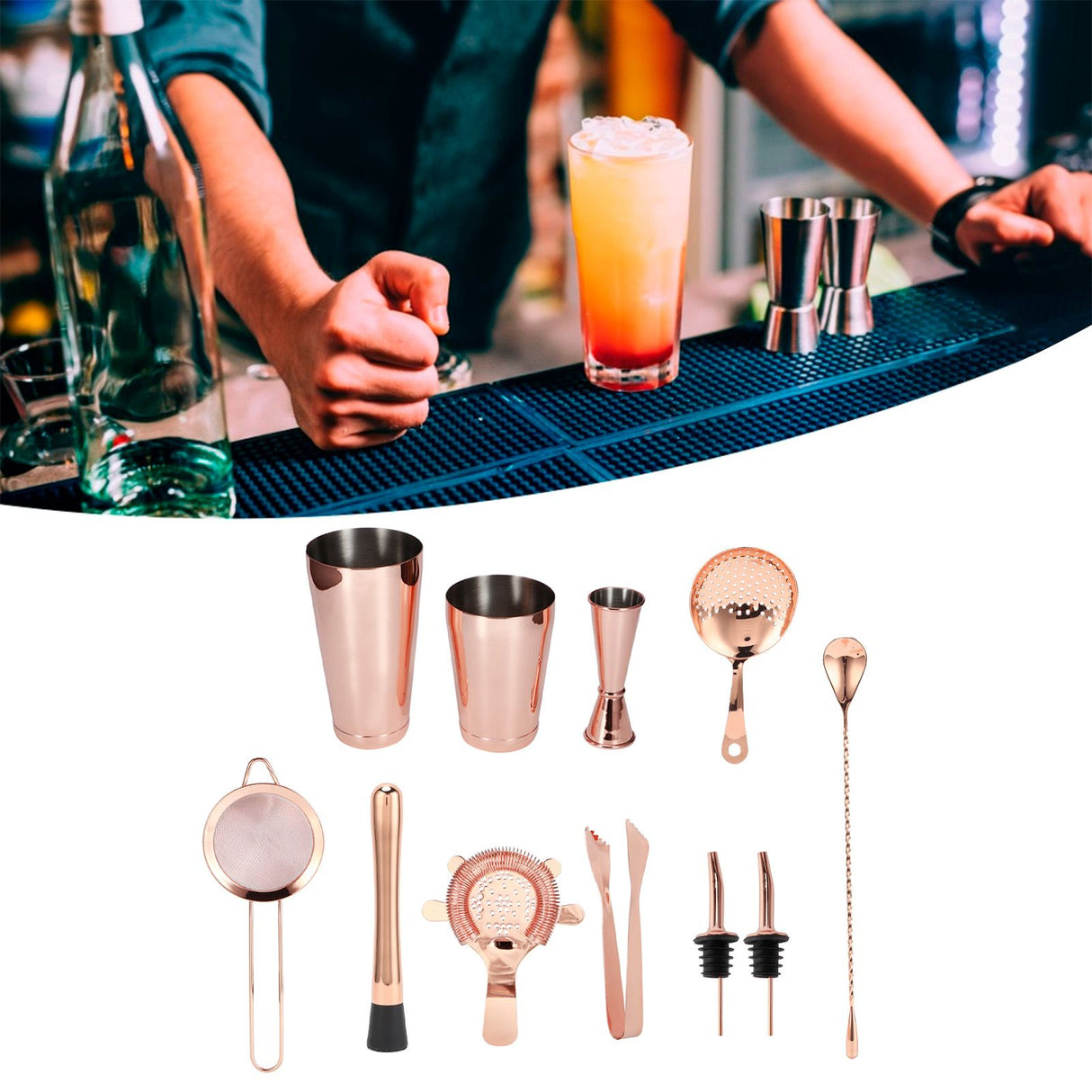 11PCS/Set Cocktail Shaker Set Bartender Kit Cocktail Strainer Stainless Steel Barware for Home PartyRose Gold
