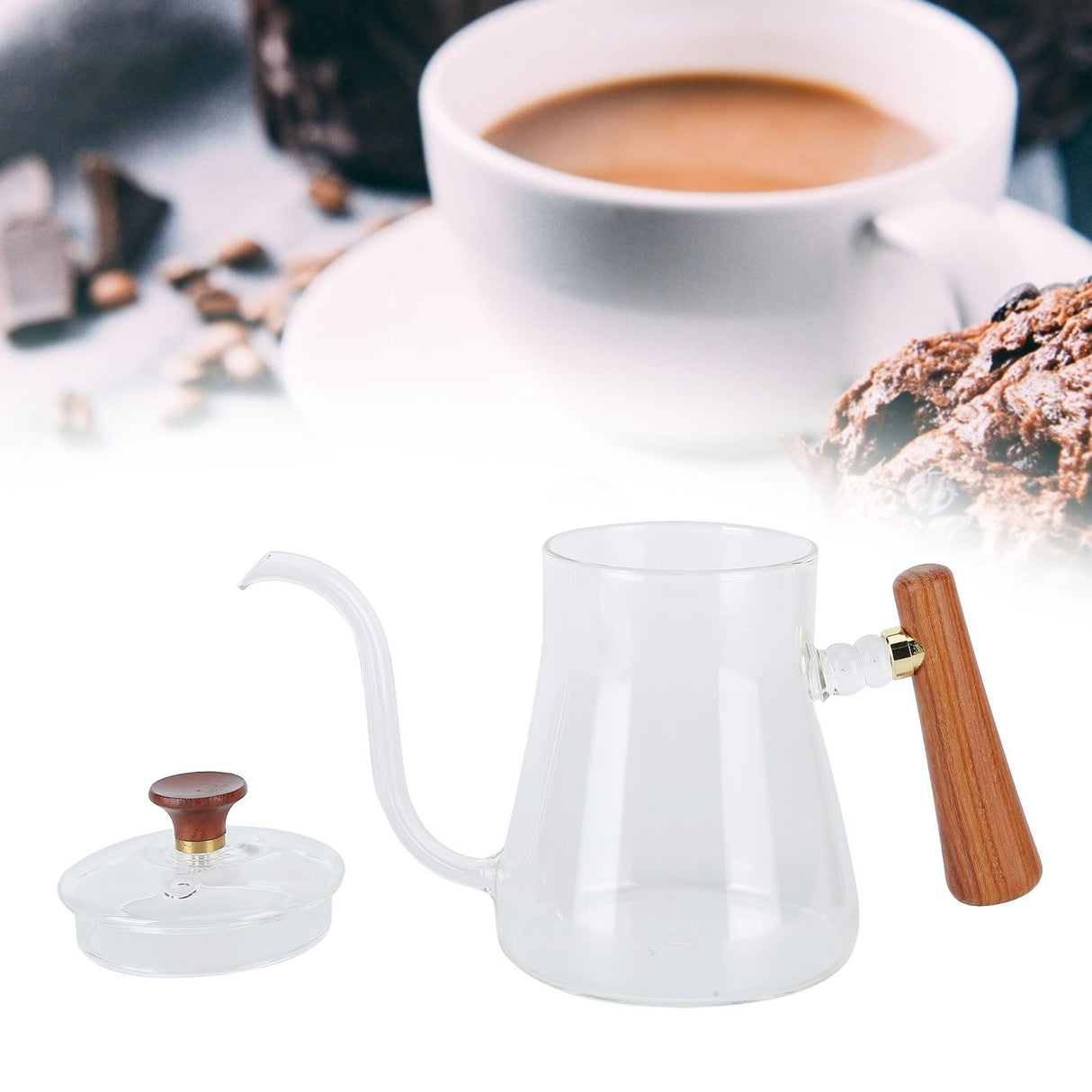 Coffee Kettle Pour Over High Borosilicate Glass Heat Resistant Round Wood Insulated Handle Gooseneck Kettle600ml