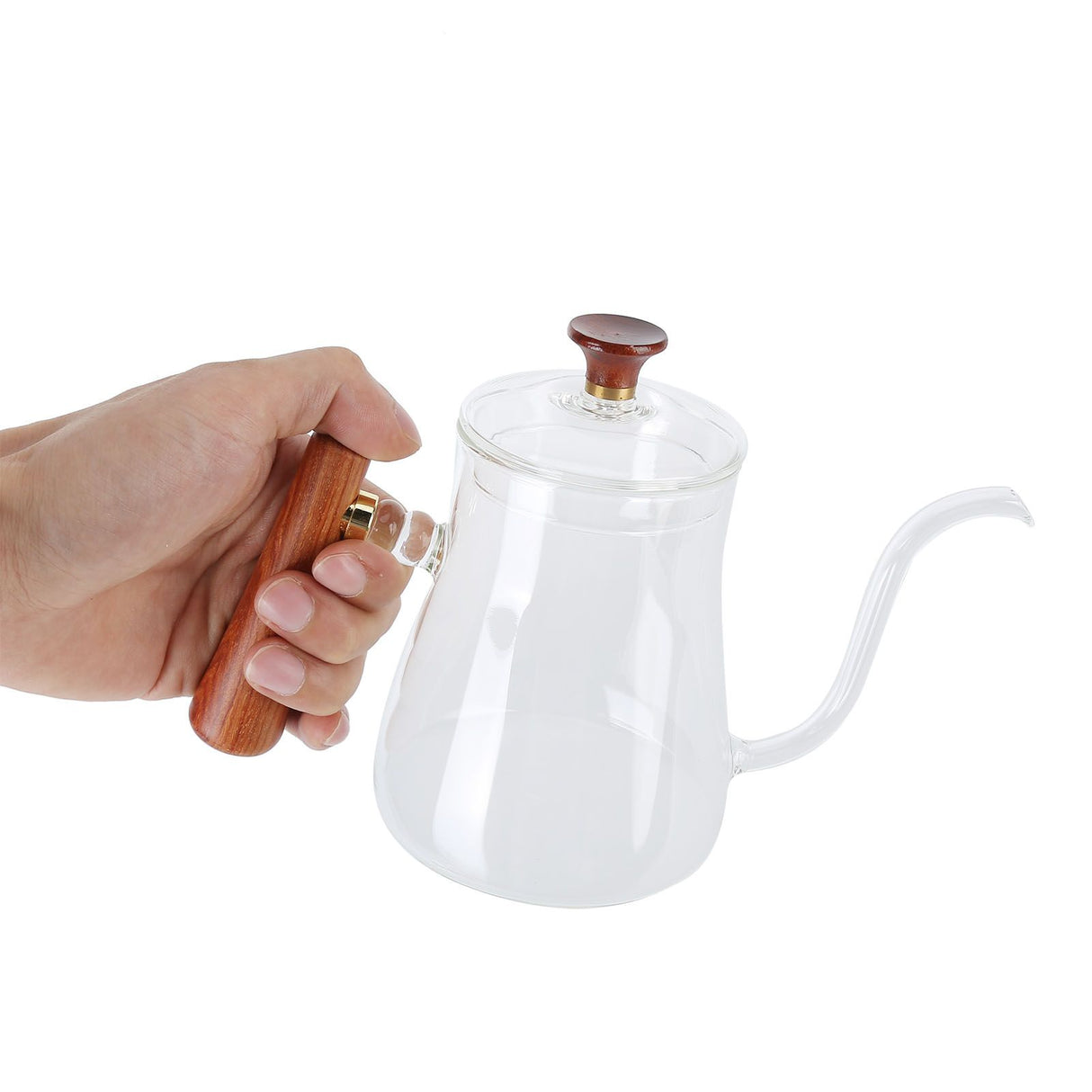 Coffee Kettle Pour Over High Borosilicate Glass Heat Resistant Round Wood Insulated Handle Gooseneck Kettle600ml