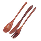 3Pcs/Set Knife Fork and Spoon Wooden Portable Cutlery Dessert Tableware for Home Hotel - Front View