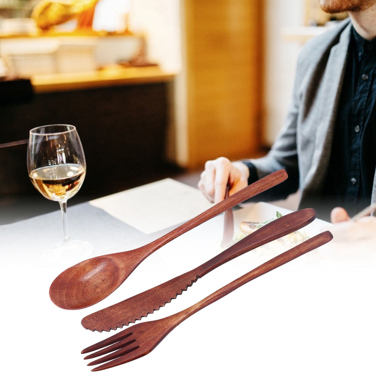 3Pcs/Set Knife Fork and Spoon Wooden Portable Cutlery Dessert Tableware for Home Hotel