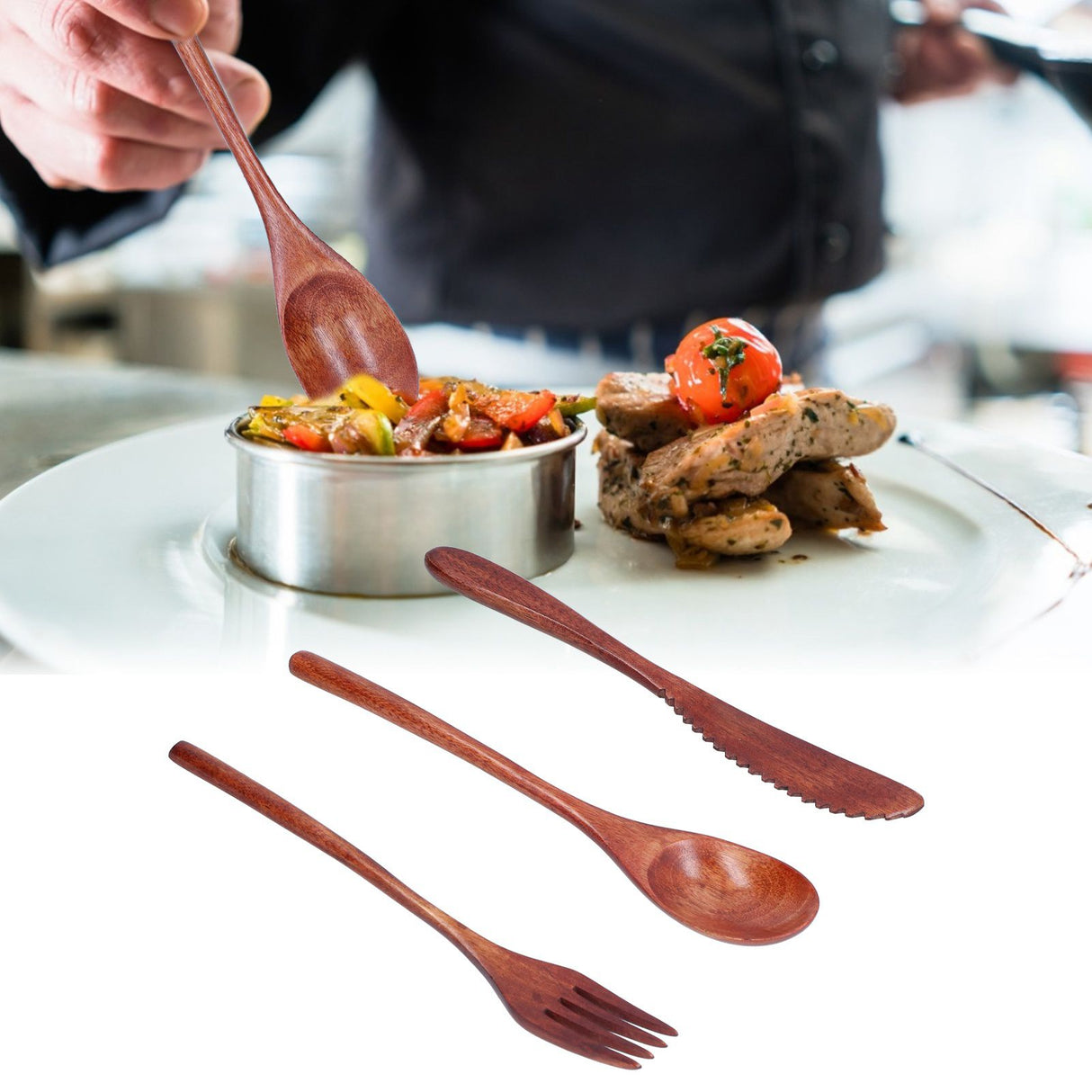 3Pcs/Set Knife Fork and Spoon Wooden Portable Cutlery Dessert Tableware for Home Hotel