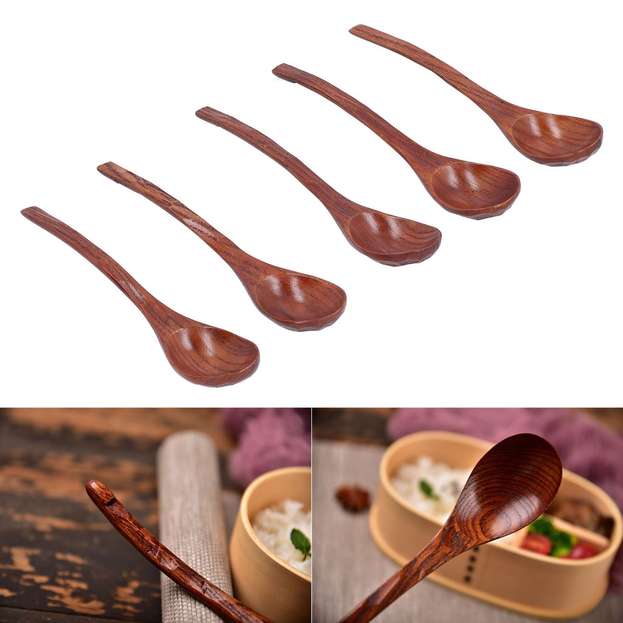 5pcs Wooden Spoon Non Slip Slow Heat Conduction Table Spoon with Long Handle for Cooking Stirring Hot Soup