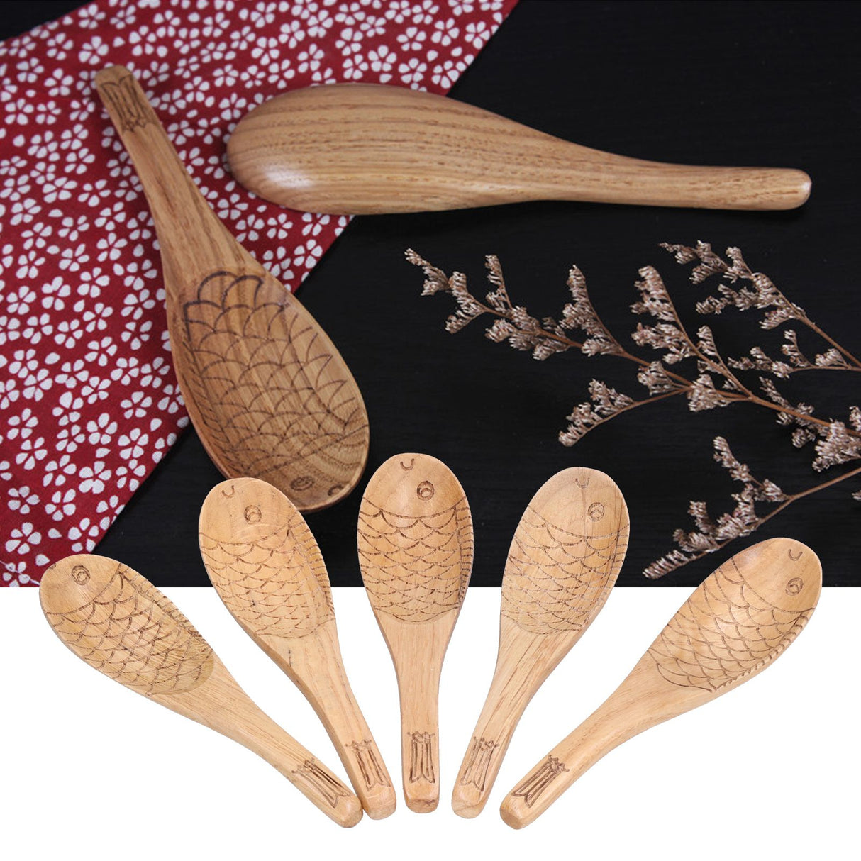5Pcs Fish‑shaped Carved Rice Spoon Soup Spoon It Means More Than Every Year, Spoon Tableware