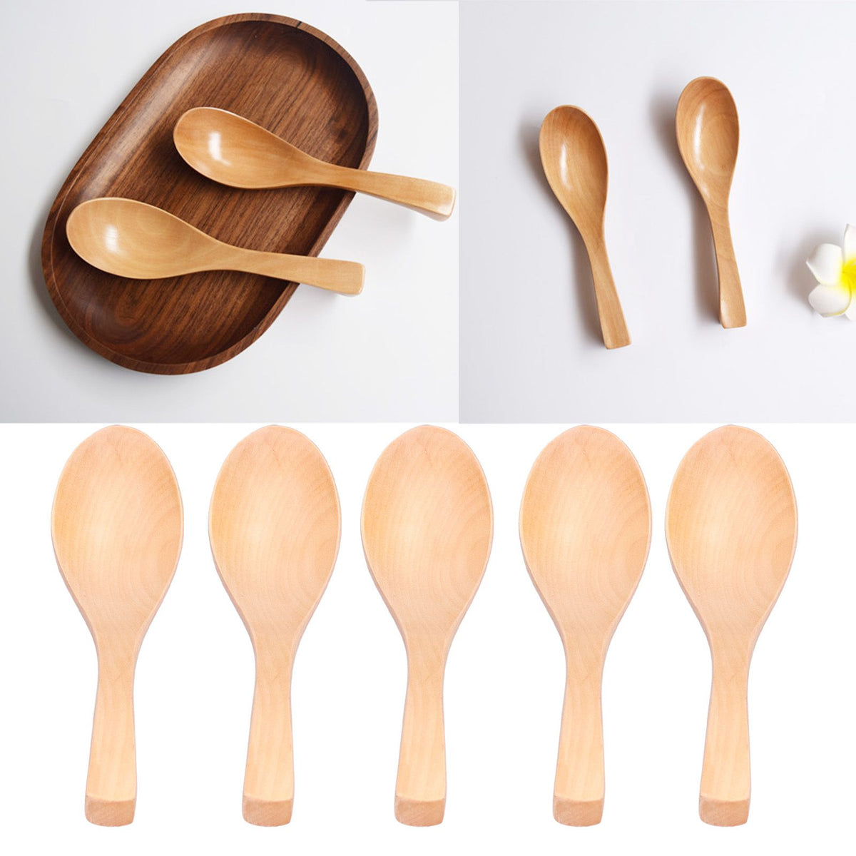 5Pcs Natural Wooden Soup Spoon with Hook The Bowl Hand Polished Japanese Tableware Style Spoon