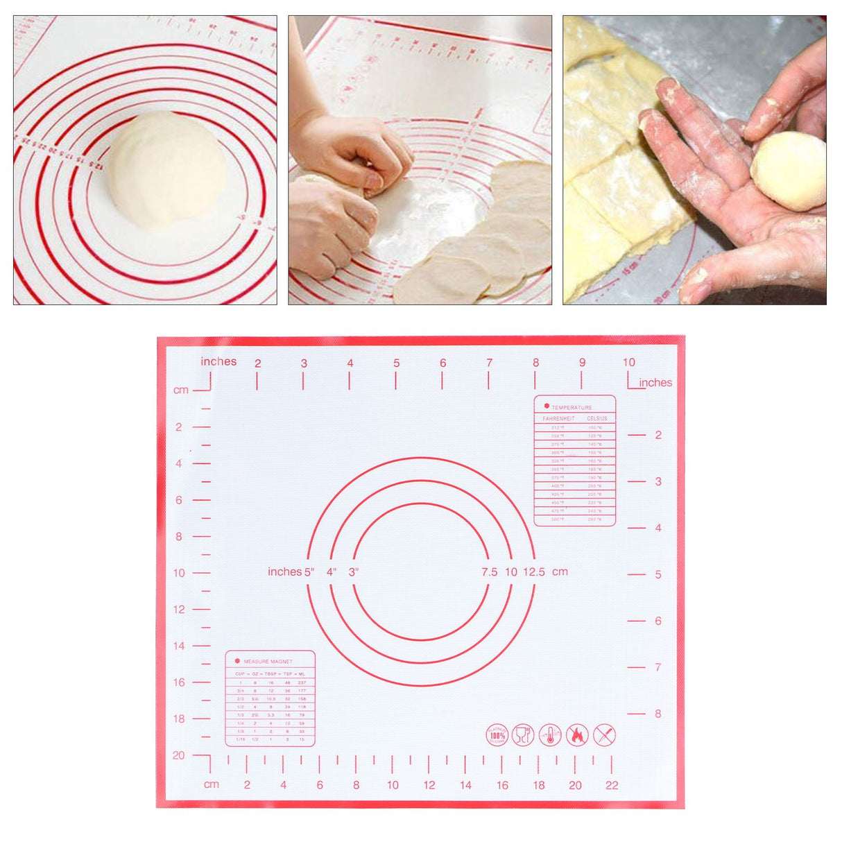 Baking Mat Silicone Non Slip Heat Resistant Dough Mat with Scale for Home Kitchen 29x26cmRed