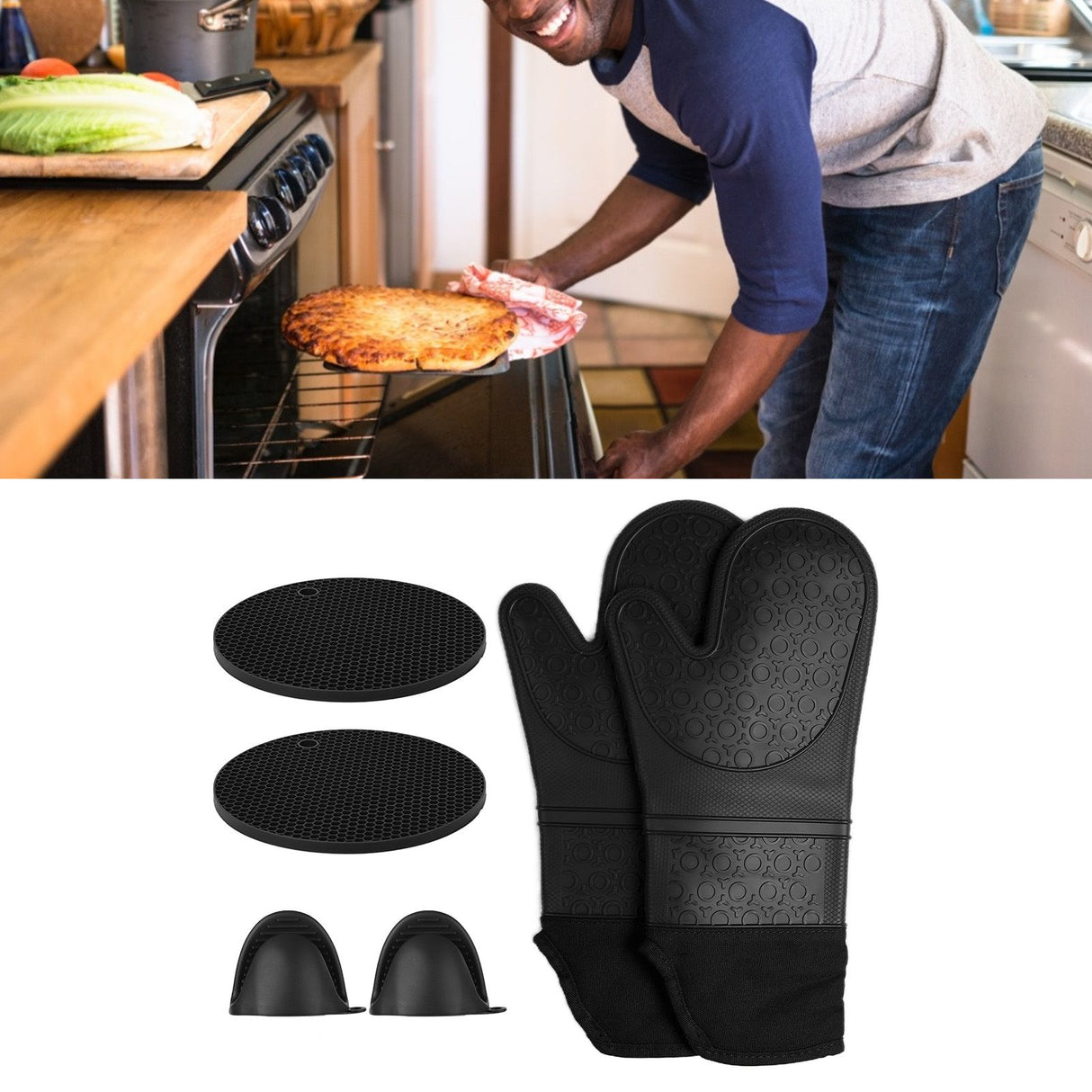 Insulation Gloves Thickened Silicone Barbecue Microwave Oven Anti Scalding Glove for Kitchen Baking CookingBlack